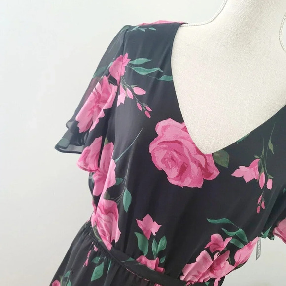 INC International Concepts Pink Black Floral Faux Wrap Midi Flutter Dress 10 M - Picture 5 of 16